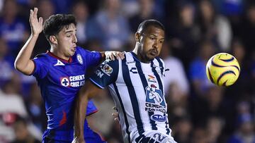 Cruz Azul's Lorenzo Faravelli (L) fights for the ball with Pachuca's Jose Rondon (R) during the Mexican Clausura football tournament match between Cruz Azul and Pachuca at Ciudad de los Deportes stadium in Mexico City, on January 13, 2024. (Photo by Rodrigo Oropeza / AFP)