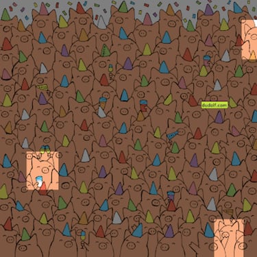 Reto visual: Halla a los tres cerditos sin gorro en la fiesta