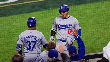 New York (United States), 18/10/2024.- Los Angeles Dodgers designated hitter Shohei Ohtani (R) is greeted by Los Angeles Dodgers Teoscar Hernandez (L) after hitting a leadoff solo home run against the New York Mets during the first inning of the Major League Baseball (MLB) National League Championship Series playoff game four between the Los Angeles Dodgers and the New York Mets in New York, New York, 17 October 2024. The League Championship Series is the best-of-seven games. The winner of the National League Championship Series will face the winner of the American League Championship Series to advance to the World Series. (Liga de Campeones, Nueva York) EFE/EPA/SARAH YENESEL