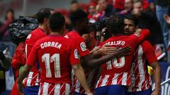 MADRID, SPAIN - JANUARY 06: Diego Costa of Atletico de Madrid celebrates scoring their second goal with his teammates during the La Liga match between Club Atletico Madrid and Getafe CF at Estadio Wanda Metropolitano on January 6, 2018 in Madrid, Spain. (