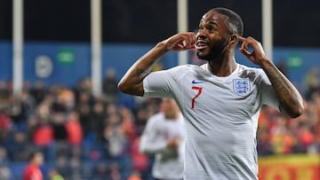 Raheem Sterling celebrates after scoring England&#039;s fifth in Montenegro. 