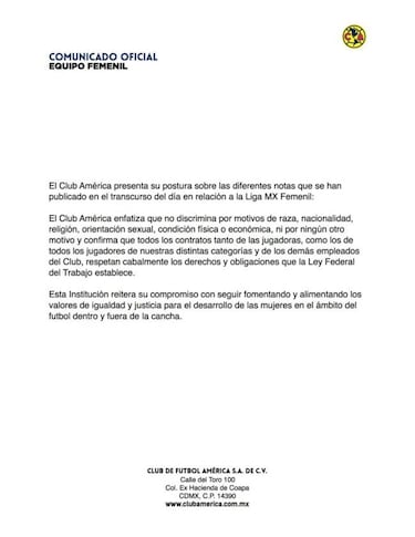 América se pronuncia respecto a condiciones laborales en Liga MX Femenil