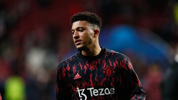 Jadon Sancho, jugador del Manchester United, durante el calentamiento del partido de Champions contra el Atl&eacute;tico de Madrid.