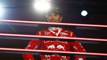 LAS VEGAS, NEVADA - NOVEMBER 18: Third placed Sergio Perez of Mexico and Oracle Red Bull Racing looks on from the podium during the F1 Grand Prix of Las Vegas at Las Vegas Strip Circuit on November 18, 2023 in Las Vegas, Nevada.   Mark Thompson/Getty Images/AFP (Photo by Mark Thompson / GETTY IMAGES NORTH AMERICA / Getty Images via AFP)