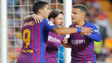 Lionel Messi, Luis Su&aacute;rez y Philippe Coutinho festejan un gol del FC Barcelona.