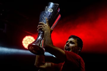 Rodrigo with the Nations League trophy during celebrations in Madrid on June 19, 2023.