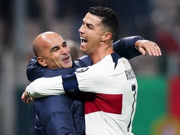 Portugal national team coach Roberto Martinez and Cristiano Ronaldo celebrate during the UEFA EURO 2024 group J qualifying match between Bosnia & Herzegovina and Portugal in Zenica, Bosnia.
