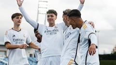 Hugo De Llanos celebra su gol en el Real Madrid-Nápoles de la UEFA Youth League.