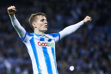 Martin Odegaard of Real Sociedad celebrates after scoring against Mirandes.