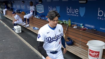 Jun 2, 2024; Los Angeles, California, USA; Los Angeles Dodgers designated hitter Shohei Ohtani (17) walks through the dugout during the game against the Colorado Rockies at Dodger Stadium. Mandatory Credit: Jayne Kamin-Oncea-USA TODAY Sports