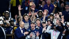 Apr 8, 2024; Glendale, AZ, USA; Connecticut Huskies head coach Dan Hurley celebrates after defeating the Purdue Boilermakers in the national championship game of the Final Four of the 2024 NCAA Tournament at State Farm Stadium. Mandatory Credit: Patrick Breen/Arizona Republic-USA TODAY Sports