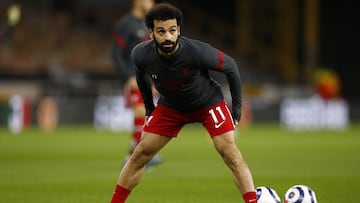 WOLVERHAMPTON, ENGLAND - MARCH 15: Mohamed Salah of Liverpool warms up prior to the Premier League match between Wolverhampton Wanderers and Liverpool at Molineux on March 15, 2021 in Wolverhampton, England. Sporting stadiums around the UK remain under st