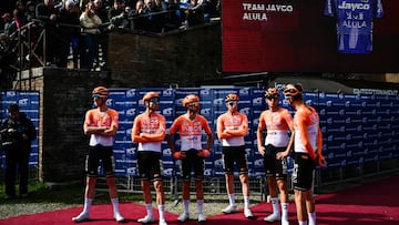 Ineos Grenadiers' team waits ahead of the 20th one-day classic 'Strade Bianche' (White Roads) men's cycling race between Siena and Siena in Tuscany on March 7, 2026. (Photo by Marco BERTORELLO / AFP)