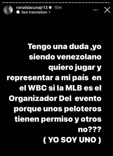 Ronald Acuña Jr., inconforme con Grandes Ligas por permisos para Clásico Mundial de Béisbol