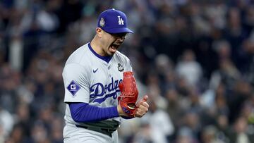 Oct 28, 2024; New York, New York, USA; Los Angeles Dodgers pitcher Anthony Banda (43) reacts after retiring the side during the seventh inning against the New York Yankees in game three of the 2024 MLB World Series at Yankee Stadium. Mandatory Credit: Wendell Cruz-Imagn Images