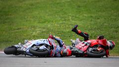 LAGOA, ALGARVE, PORTUGAL - MARCH 24: Francesco Bagnaia of Ducati Team and Italy and Marc Marquez of Gresini Racing and Spain crash during the Race of the MotoGP Of Portugal at Autodromo do Algarve on March 24, 2024 in Lagoa, Algarve, Portugal. (Photo by Diogo Cardoso/DeFodi Images via Getty Images)