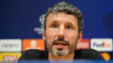 Antwerp's head coach Mark van Bommel addresses a press conference on the eve of the UEFA Champions League football match between FC Barcelona and Royal Antwerp FC at the Estadi Olimpic Lluis Companys in Barcelona on September 18, 2023. (Photo by Josep LAGO / AFP)