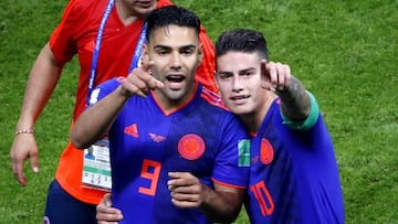 Falcao García y James Rodríguez celebrando un gol con la Selección Colombia en el Mundial de Rusia 2018.