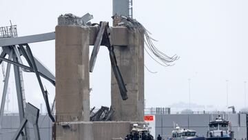 Emergency boats work near the collapsed section of the Francis Scott Key Bridge, after the Dali cargo vessel crashed into it, in Baltimore, Maryland, U.S., March 27, 2024. REUTERS/Mike Segar