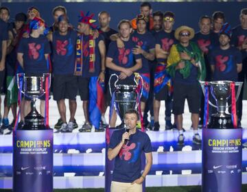 Tras el triplete de 2009, Luis Enrique consiguió la misma hazaña el primer año que estuvo sentado en el banquillo del club catalán. El 17 de mayo de 2015 consiguió el título de Liga tras una victoria por 0-1 ante el Club Atlético de Madrid. El 30 de mayo conquistó su segundo trofeo como entrenador con la consecución de la Copa del Rey en la final disputada frente al Athletic Club. El 6 de junio ganó asimismo la tercera competición en la que participaban durante la temporada, la Liga de Campeones.