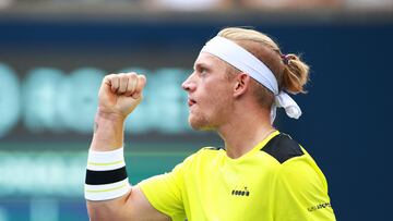 TORONTO, ON - AUGUST 11: Alejandro Davidovich Fokina of Spain reacts after winning a point against Mackenzie McDonald of the United States during Day Five of the National Bank Open, part of the Hologic ATP Tour, at Sobeys Stadium on August 11, 2023 in Toronto, Canada.   Vaughn Ridley/Getty Images/AFP (Photo by Vaughn Ridley / GETTY IMAGES NORTH AMERICA / Getty Images via AFP)