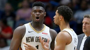 Oct 11, 2019; New Orleans, LA, USA; New Orleans Pelicans forward Zion Williamson (1) talks to guard Josh Hart (3) in the second half against the Utah Jazz at the Smoothie King Center. Mandatory Credit: Chuck Cook-USA TODAY Sports