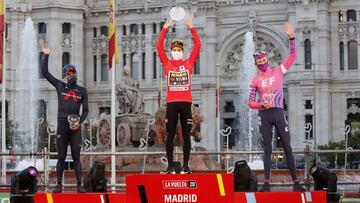 Primoz Roglic, Richard Carapaz y Hugh Carthy posan en el podio final de Madrid en La Vuelta 2020.