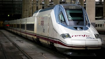 IImagen de un tren de Renfe AVE situado saliendo de la Estaci&oacute;n de Atocha.