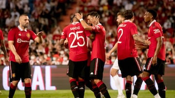 BANGKOK, THAILAND - JULY 12: Jadon Sancho of Manchester United celebrates scoring their first goal during the preseason friendly match between Liverpool and Manchester United at Rajamangala Stadium on July 12, 2022 in Bangkok, Thailand. (Photo by Ash Donelon/Manchester United via Getty Images)