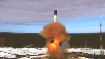 The Sarmat intercontinental ballistic missile is launched during a test at Plesetsk cosmodrome in Arkhangelsk region, Russia, in this still image taken from a video released on April 20, 2022. Russian Defence Ministry/Handout via REUTERS ATTENTION EDITORS - THIS IMAGE WAS PROVIDED BY A THIRD PARTY. NO RESALES. NO ARCHIVES. MANDATORY CREDIT.