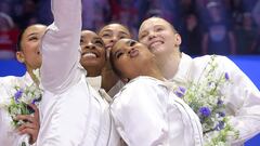 MINNEAPOLIS, MINNESOTA - JUNE 30: (L-R) Suni Lee, Simone Biles, Hezly Rivera, Jordan Chiles and Jade Carey pose for a selfie after being selected for the 2024 U.S. Olympic Women's Gymnastics Team on Day Four of the 2024 U.S. Olympic Team Gymnastics Trials at Target Center on June 30, 2024 in Minneapolis, Minnesota.   Jamie Squire/Getty Images/AFP (Photo by JAMIE SQUIRE / GETTY IMAGES NORTH AMERICA / Getty Images via AFP)