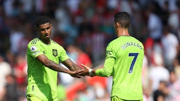 SOUTHAMPTON, ENGLAND - AUGUST 27: Marcus Rashford of Manchester United with Cristiano Ronaldo following the Premier League match between Southampton FC and Manchester United at Friends Provident St. Mary's Stadium on August 27, 2022 in Southampton, England. (Photo by Manchester United/Manchester United via Getty Images)
