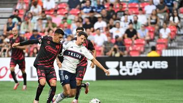 Aug 3, 2024; Vancouver, British Columbia, CAN;  Club Tijuana midfielder Joe Coronona (6) battles for the ball against Vancouver Whitecaps FC midfielder Alessandro Schopf (8) during the first half at BC Place. Mandatory Credit: Anne-Marie Sorvin-USA TODAY Sports