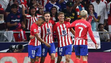 Soccer Football - LaLiga - Atletico Madrid v Real Madrid - Metropolitano, Madrid, Spain - September 24, 2023 Atletico Madrid's Samuel Lino, Saul, Marcos Llorente and Antoine Griezmann celebrate after Alvaro Morata scores their first goal REUTERS/Isabel Infantes