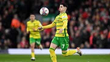 (FILES) Norwich City's Spanish midfielder #07 Borja Sainz runs to scores the team's second goal during the English FA Cup fourth round football match between Liverpool and Norwich City at Anfield in Liverpool, north west England on January 28, 2024. (Photo by Paul ELLIS / AFP) / RESTRICTED TO EDITORIAL USE. No use with unauthorized audio, video, data, fixture lists, club/league logos or 'live' services. Online in-match use limited to 120 images. An additional 40 images may be used in extra time. No video emulation. Social media in-match use limited to 120 images. An additional 40 images may be used in extra time. No use in betting publications, games or single club/league/player publications. / TO GO WITH AFP STORY BY Diego ALONSO MARTIN