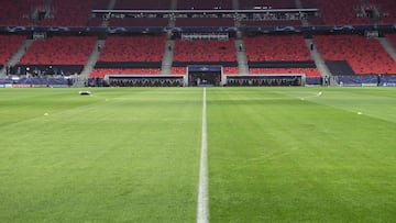 The empty stands are seen prior to the UEFA Champions League round of 16 first leg football match between RB Leipzig and FC Liverpool at the Puskas Arena in Budapest on February 16, 2021. (Photo by Attila KISBENEDEK / AFP)