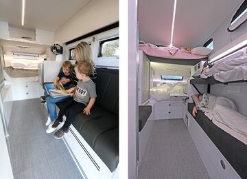 Este mini-apartamento est¨¢ medido al detalle. Con una cama doble y dos peque?as camas plegables en el lateral y una en su techo elevable, esta ingeniosa roulotte puede albergar c¨®modamente hasta 5 personas.