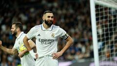 MADRID, 29/01/2023.- El delantero francés del Real Madrid, Karim Benzema, durante el encuentro correspondiente a la jornada 19 de primera división que disputan hoy Domingo frente a la Real Sociedad en el estadio Santiago Bernabéu, en Madrid. EFE / Rodrigo Jiménez.
