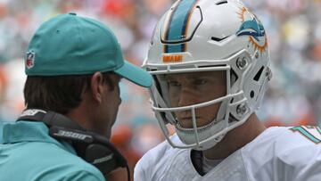 MIAMI GARDENS, FL - SEPTEMBER 25: Head Coach Adam Gase of the Miami Dolphins talks to Ryan Tannehill during a timeout in the 1st quarter against the Cleveland Browns on September 25, 2016 in Miami Gardens, Florida. (Photo by Eric Espada/Getty Images)