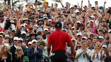 Golf - Masters - Augusta National Golf Club - Augusta, Georgia, U.S. - April 14, 2019. Spectators applaud as Tiger Woods of the U.S. celebrates on the 18th hole to win the 2019 Masters. REUTERS/Jonathan Ernst