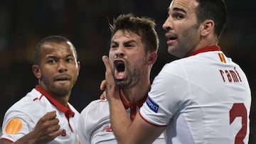 Sevilla&#039;s captain Coke  celebrates after scoring 