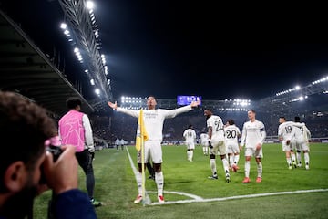 Bellingham celebrates after scoring against Atalanta.