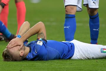 Italy's forward Ciro Immobile reacts at the end of the FIFA World Cup 2018 qualification football match between Italy and Sweden, on November 13, 2017 at the San Siro stadium in Milan. Italy failed to reach the World Cup for the first time since 1958 on M