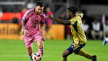 Inter Miami's Argentine forward #10 Lionel Messi fights for the ball with Real Salt Lake's defender #14 Emeka Eneli during the MLS football match between Inter Miami and Real Salt Lake at Chase Stadium in Fort Lauderdale, Florida, February 21, 2024. (Photo by Chandan Khanna / AFP)