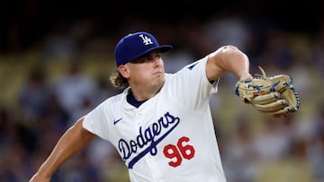 LOS ANGELES, CALIFORNIA - SEPTEMBER 06: Landon Knack #96 of the Los Angeles Dodgers pitches against the Cleveland Guardians during the first inning at Dodger Stadium on September 06, 2024 in Los Angeles, California. Harry How/Getty Images/AFP (Photo by Harry How / GETTY IMAGES NORTH AMERICA / Getty Images via AFP)