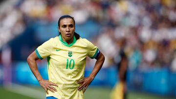 Paris 2024 Olympics - Football - Women's Group C - Brazil vs Japan - Parc des Princes, Paris, France - July 28, 2024. Marta of Brazil reacts. REUTERS/Benoit Tessier