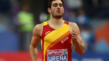 El decatleta Jorge Ure&ntilde;a compite en la prueba de 60 metros del decatl&oacute;n durante los Europeos de Pista Cubierta de Belgrado de 2017.