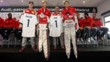 Sergio Ramos e Iker Casillas posan en circuito del Jarama junto a Marc Gené.