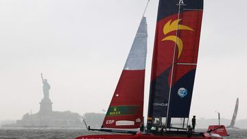 (L-R) Spanish SailGP team competes during the Mubadala New York Sail Grand Prix in New York Harbor on June 7, 2025. (Photo by CHARLY TRIBALLEAU / AFP)