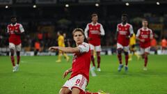 WOLVERHAMPTON, ENGLAND - NOVEMBER 12: Martin Odegaard of Arsenal celebrates after scoring a goal to make it 0-2 during the Premier League match between Wolverhampton Wanderers and Arsenal FC at Molineux on November 12, 2022 in Wolverhampton, United Kingdom. (Photo by Matthew Ashton - AMA/Getty Images)